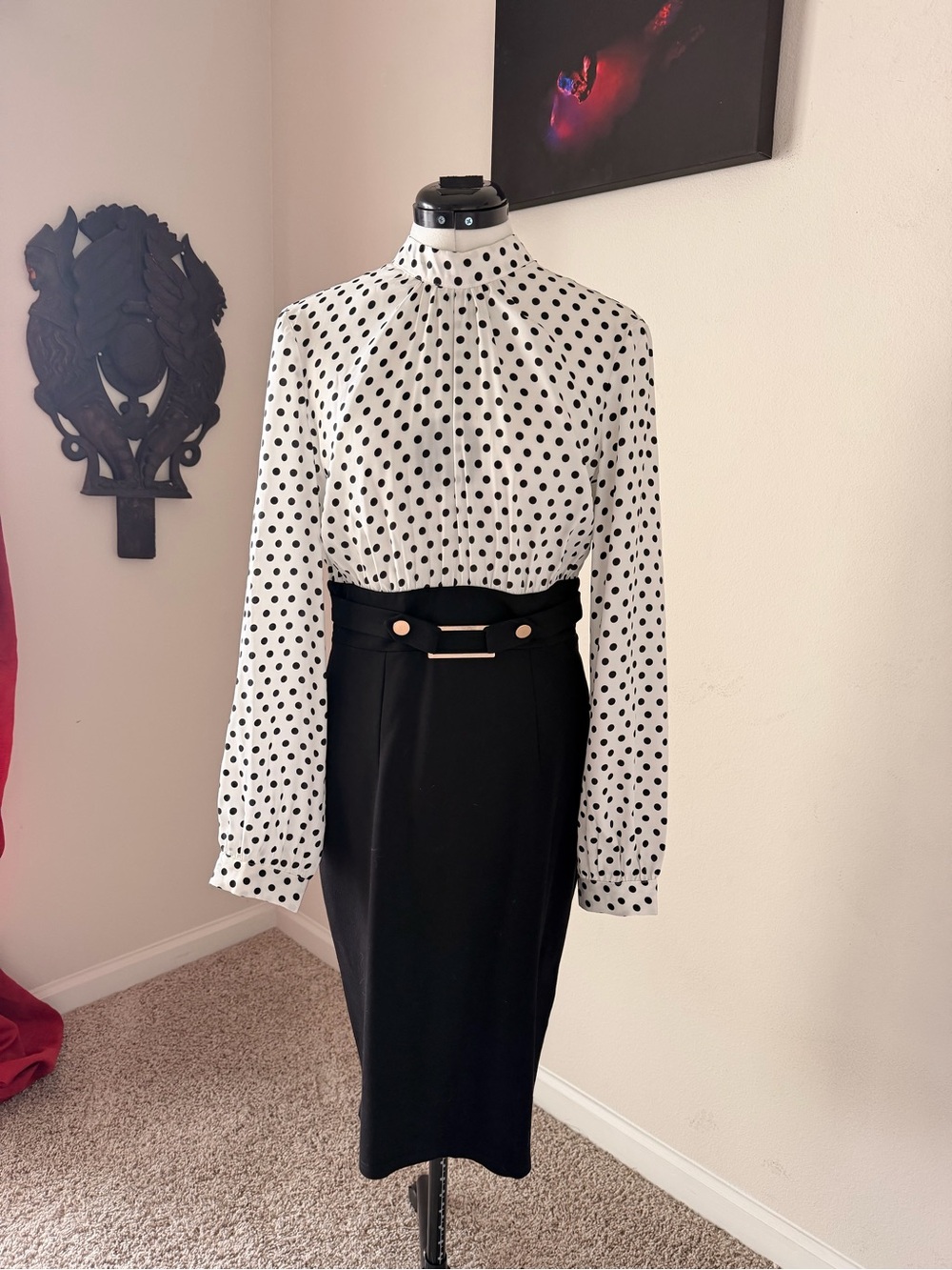 VENUS White and Black Polka Dot Blouse Dress
